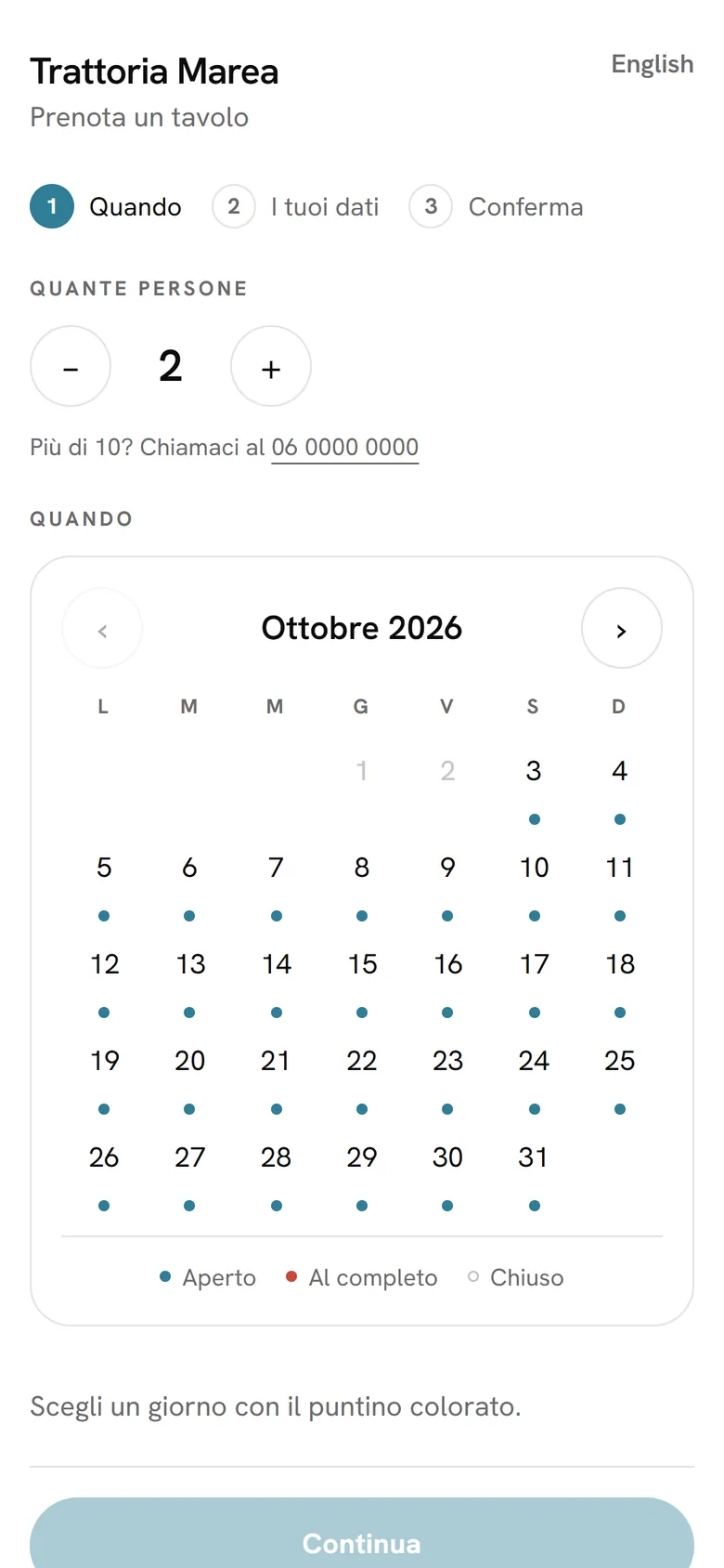 Schermata vera: la prenotazione online della Trattoria Marea dal telefono, con il calendario di ottobre.